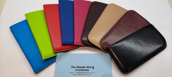Glasses case, assorted colours soft faux leather. (Free postage on this item)